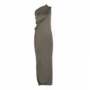 Rick Owens Grey Athena Off-Shoulder Rib Knit Dress